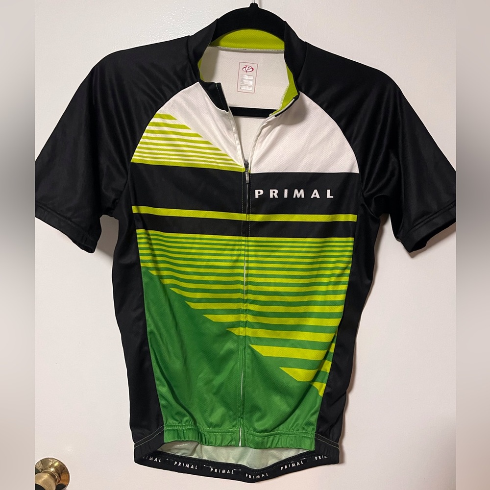 Primal Wear Men’s Short Sleeve Full Zip Race Cut Jersey Black Green Stripes M